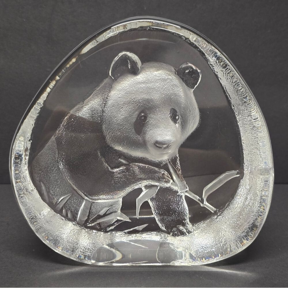 Mats Jonasson Panda Crystal Glass Large Paperweight Signed Sweden Vintage